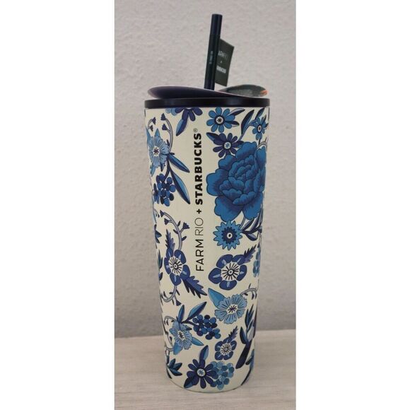 Farm Rio +Starbucks Blue/White Floral 24oz Cold Cup Tumbler Summer '25 Lmt. Edt. - Picture 4 of 10